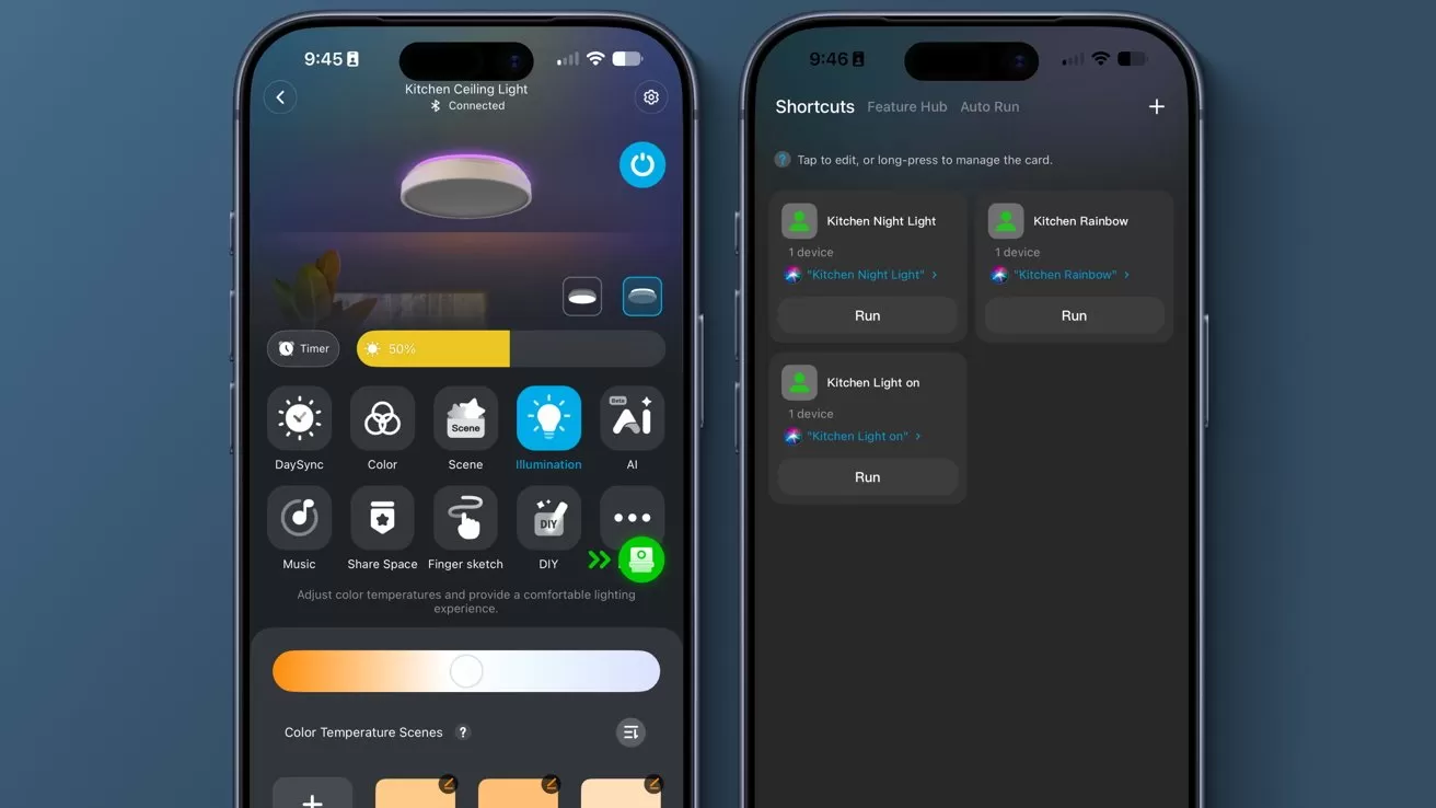 Two smartphones display smart home control apps, showing lighting, climate, and automation shortcut tiles on dark-themed screens, with buttons, sliders, and icons for managing connected home devices.