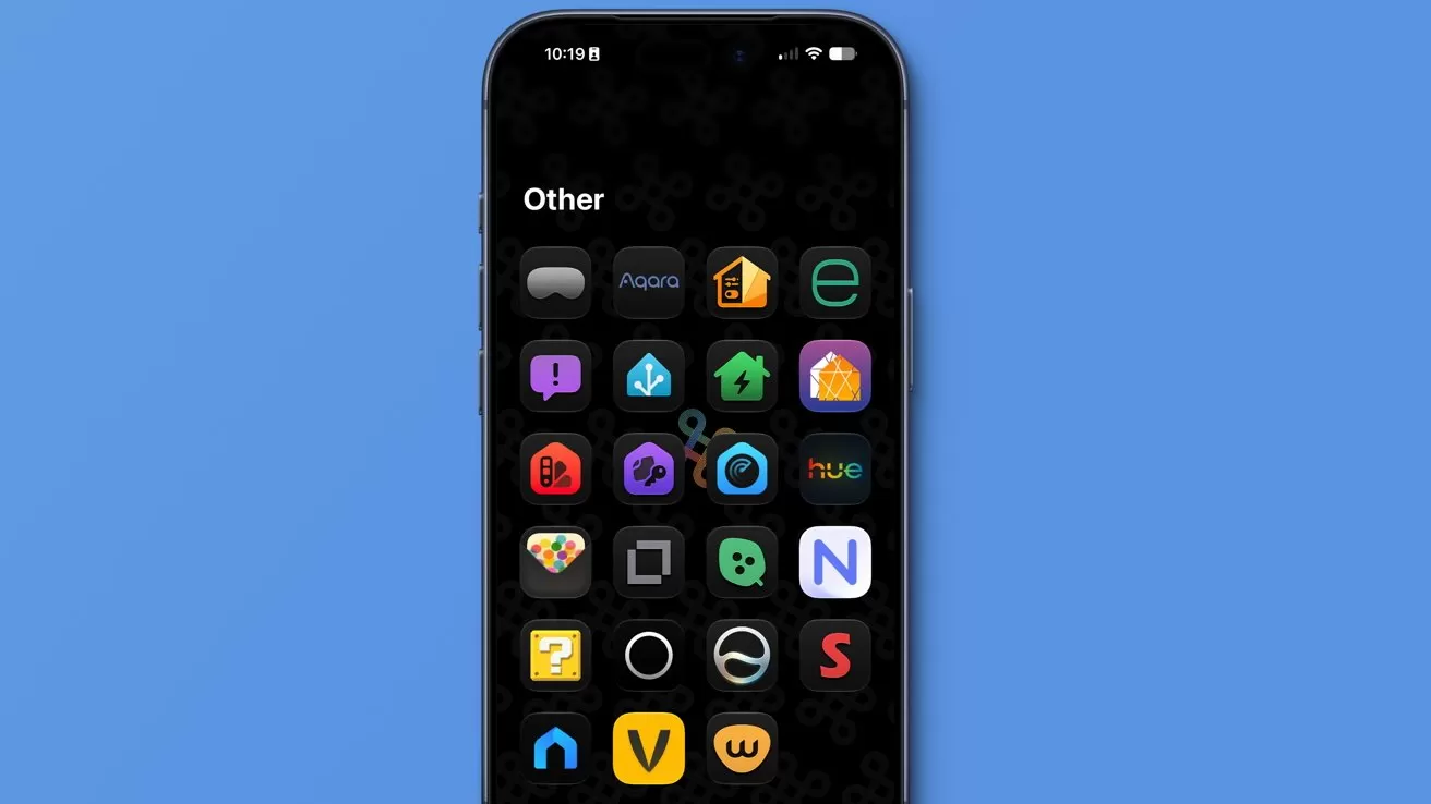 Smartphone screen against blue background showing a folder labeled Other, containing several rows of colorful app icons on a dark wallpaper with subtle pattern