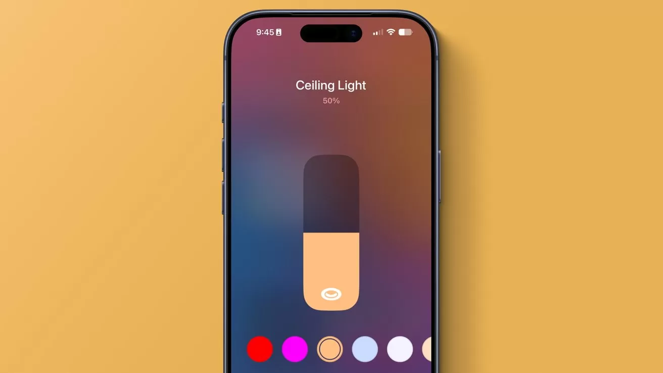 Smartphone screen showing a home app interface controlling a ceiling light brightness slider, with color options in circular buttons along the bottom on a gradient background