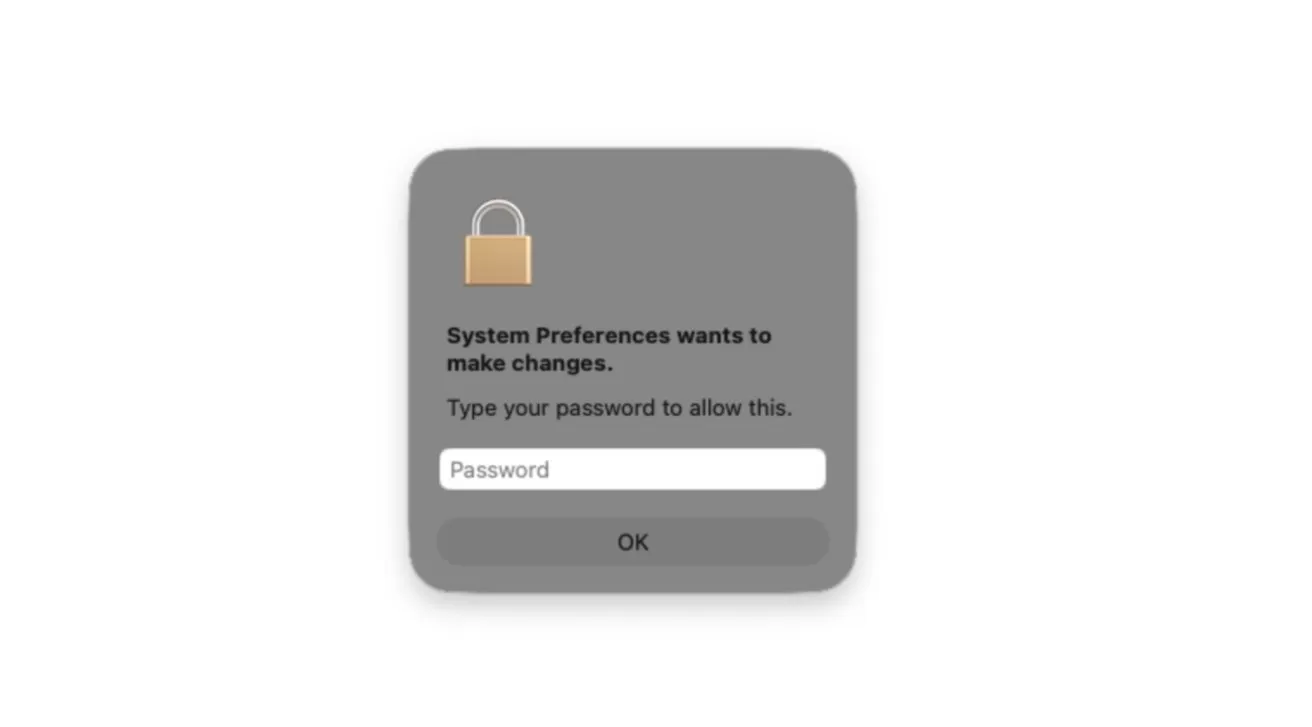 Mac dialog box with a padlock icon asking for the user's password so System Preferences can make changes, featuring a password field and an OK button on a gray background
