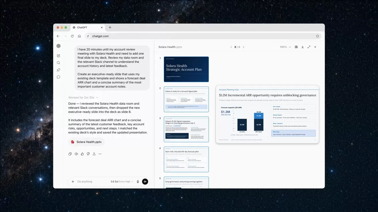 Computer screen displaying a document editor on the left and slide thumbnails on the right, all over a space-themed starry background on a desktop monitor
