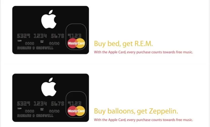 Two black Apple MasterCard credit cards beside yellow headlines: Buy bed, get R.E.M. and Buy balloons, get Zeppelin, promoting Apple Card purchases earning free music.