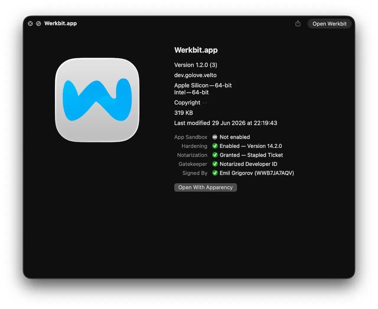 macOS app info window showing Werkbit.app icon and details like version 1.2.0, Apple Silicon and Intel support, file size, modification date, sandbox status, entitlements, and developer notarization