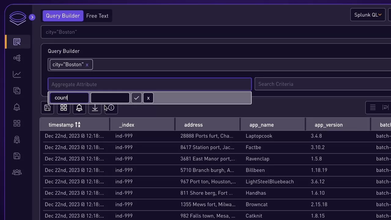 Dark-themed query builder dashboard showing a search bar with the term count and a results table below listing events with timestamps, addresses, application names, versions, and user identifiers